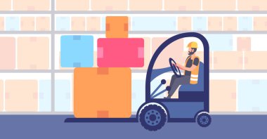 Ambar adam işçi üniformalı forklift kamyon yığın karton kutular teslim ve taşımacılık Lojistik Depolama sanayi ticari işletme kavramı yatay sürüş