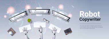 roobot metin yazarı yazma makale metin belge copywriting kavramı robot karakter bilgisayar monitörü en iyi açı görünümü düz yatay kopya alanı kullanarak işyerinde yazmaya