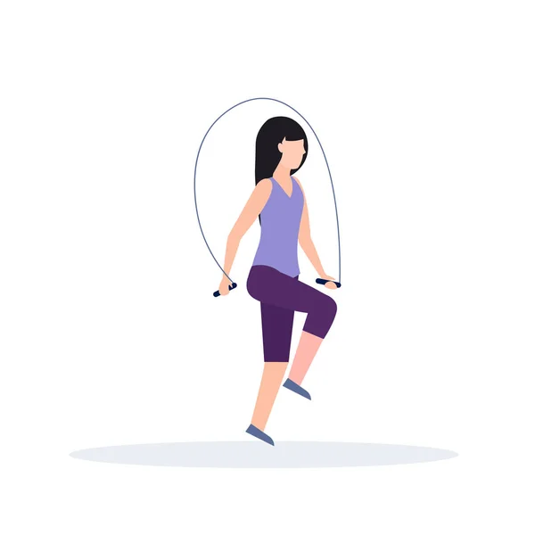 Sportliche Frau macht Übungen mit Springseil Mädchentraining in Turnhalle Aerobic Workout gesunder Lebensstil Konzept flach weißer Hintergrund — Stockvektor