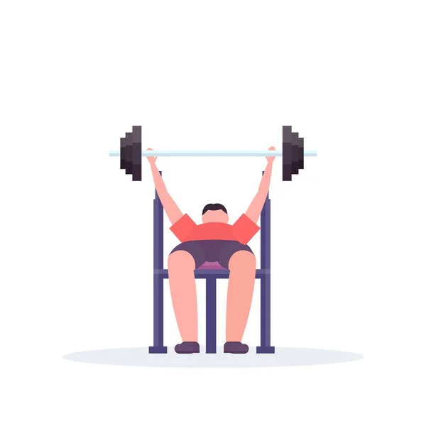 Hombre deportivo acostado en el banco levantamiento de la barra con pesas entrenamiento del culturista en el gimnasio trabajar estilo de vida saludable concepto plano fondo blanco vector ilustración — Vector de stock