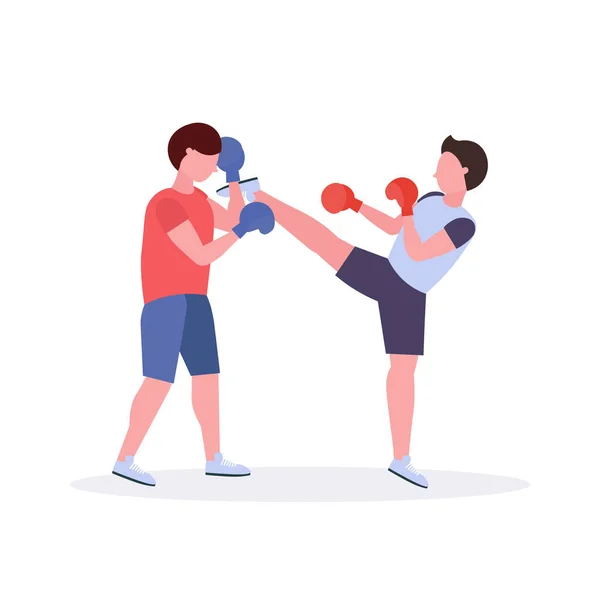 Dos hombres boxeadores ejercicio tailandés boxeo en guantes rojos pareja luchadores practicando en el club de lucha estilo de vida saludable concepto plano fondo blanco — Archivo Imágenes Vectoriales