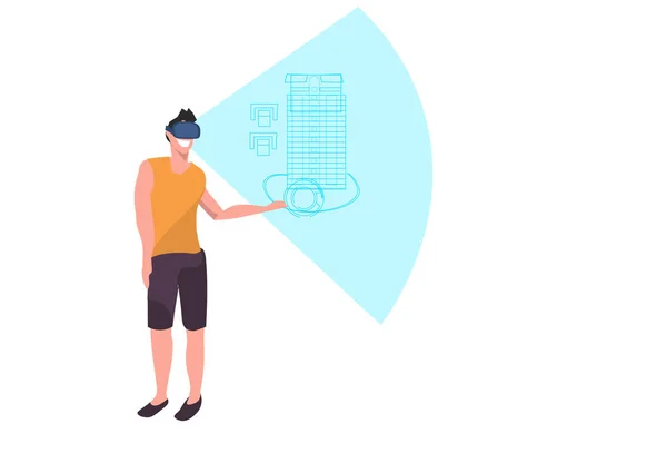 Випадковий чоловік інженер в цифрових окулярах віртуальна реальність план будівництва VR гарнітура бачення панорамний проект концепція будинку відбиток горизонтальна повнорозмірна квартира — стоковий вектор