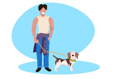 köpek adamla eğlenmek köpekle yürüyen mutlu adam eve evcil hayvan kavramı erkek çizgi film karakteri tam uzunlukta düz yatay