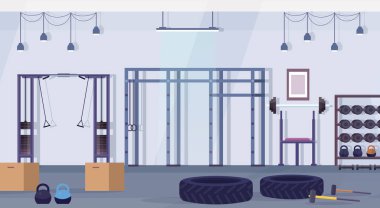 CrossFit sağlık kulübü studio egzersiz ekipman sağlıklı yaşam konsepti ile boş yatay insanlar spor salonu iç eğitim cihazları