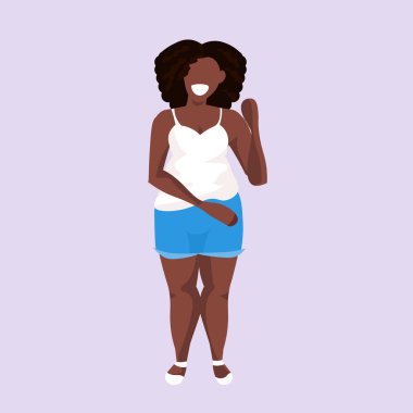 poz gülümseyen Afro-Amerikan kız boyutu sağlıksız yaşam tarzı kavramı kadın karikatür karakter tam uzunlukta üzerinde düz duran obez kilolu kadın