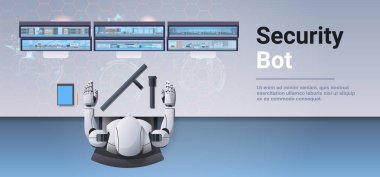 Güvenlik görevlisi bot arıyorsunuz ekran robot izleme cctv kameralar yapay zeka kavramı en iyi açı masaüstü görünümü gözetim güvenlik sistemi yatay kopya alanını izleyin