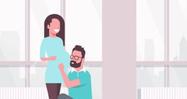 onun hamile eşi göbek çift dinleme koca mutlu erkek kadın gebelik ve ebeveynlik kavramı modern oturma odası cityscape arka plan portre yatay kucaklayan