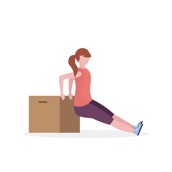 Спортивна жінка робить вправи з дерев'яною коробкою дівчина тренування в спортзалі аеробні тренування здоровий спосіб життя концепція плоский білий фон — стоковий вектор