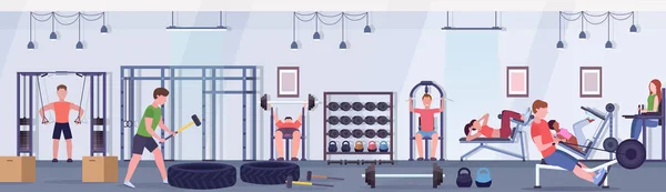 Sportifs faisant des exercices hommes femmes travaillant ensemble sur l'appareil d'entraînement dans la salle de gym séance d'entraînement mode de vie sain concept moderne club de santé studio intérieur bannière horizontale — Image vectorielle