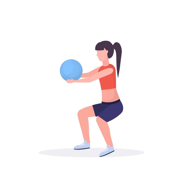 Sporty woman doing squat exercises with fitness ball girl training in gym aerobic workout healthy lifestyle concept flat white background — Stock Vector