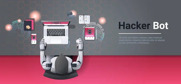 Robot hacking dispositivi digitali computer hacker bot concetto dati privacy attacco internet informazioni sicurezza intelligenza artificiale top angolo desktop warkplace copia spazio — Vettoriale Stock