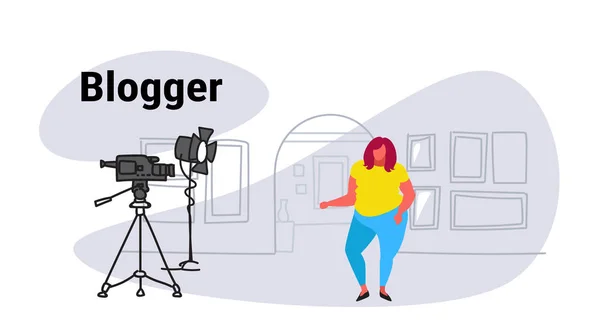 Fat obese woman blogger recording video on camera overweight female guide standing art gallery museum interior online excursion social media blog concept sketch doodle horizontal — Stock Vector