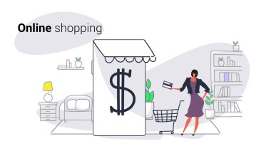 mobil uygulama online kullanan kadın arabası kartı smartphone ekran modern oturma odası iç kroki tam uzunlukta yatay holding alışveriş kavramı kadın müşteri Pazar