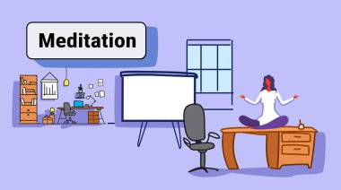 Lotus poz tablo işyeri Resepsiyon iş kadın tutma sakin yoga meditasyon kavramı modern ofis iç kroki doodle yatay üzerinde oturan işkadını