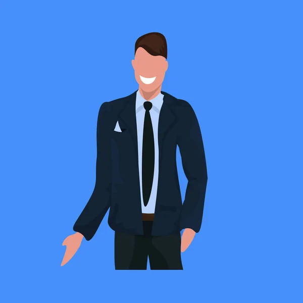 Homem de negócios feliz em terno em pé pose homem de negócios trabalhador de escritório masculino desenho animado personagem retrato plano fundo azul — Vetor de Stock