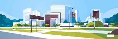 modern tıp Kliniği dış avluya bilgi yönetim kurulu ağaçlar cityscape arka plan düz yatay başlığı ile bina büyük hastane