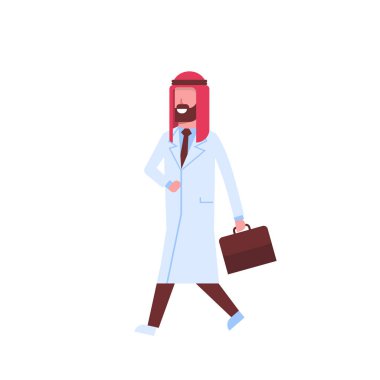 Arap erkek doktor oluyor evrak çantası ile ziyaret için Arapça sabırlı keffiyeh ve Tekdüzen hastane tıp alt çizgi film karakteri tam uzunlukta beyaz arka plan düz