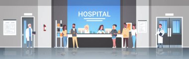 yarış hastaların hastane resepsiyon masası tıp doktorları danışmanlık sağlık kavramı hall klinik iç tam uzunlukta bekleyen sıraya çizgi duran mix yatay düz