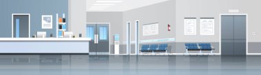 Hastane Resepsiyon bekleme salonu sayaç koltuk kapı ve Asansör ile boş düz insanlar tıbbi klinik iç yatay banner panorama