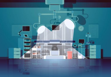 Masa temiz tıbbi ameliyat odası modern ekipman lambaları ışık ile işletim Hastane Klinik ışınları iç yatay düz