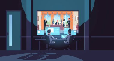 iki adam düşük hareket belge imzalama cam Başkan oturma çalışma alanı arkasında monitör bakarak evin karanlık office iç gözetim güvenlik sistemi düz yatay beyaz