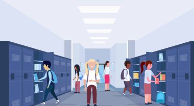 ziyaret onların dolap modern okul koridor iç eğitim kavramı yatay tam uzunlukta düz yarış okul grup mix