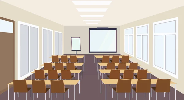 Modern ülésén konferencia bemutató tanterem belső székek asztalok és üres képernyő Szeminárium terem kapacitása nagy ülő üres vízszintes emberek — Stock Vector