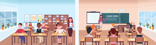 Школьный урок женский учитель с учащимися на переднем плане с видом на класс современная концепция школьного интерьера с горизонтальным баннером — стоковый вектор