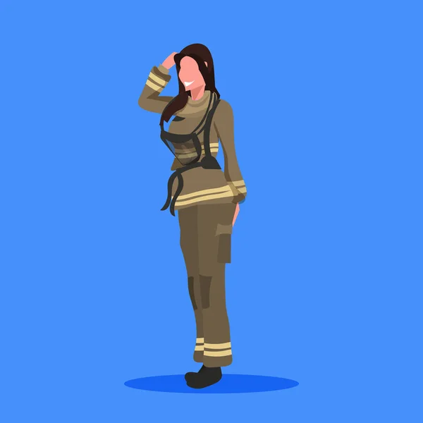 Tek tip kadın itfaiyeci profesyonel işgal kavramı itfaiye işçisi kadın karikatür karakter tam uzunlukta düz mavi arka planda firewoman — Stok Vektör