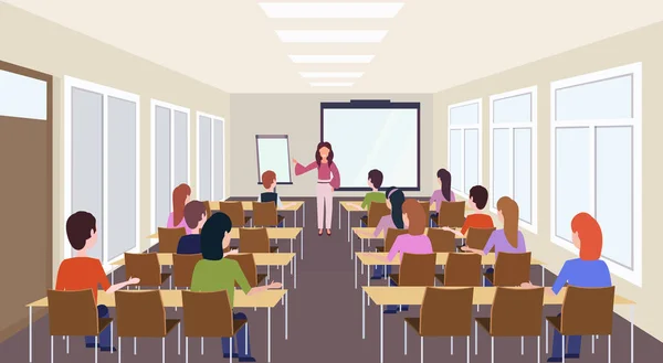 Group of students listening female teacher training presentation modern meeting conference room interior lecture seminar hall education concept rear view horizontal — Stock Vector