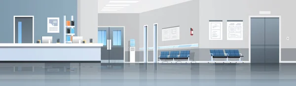 Reception ospedaliera sala d'attesa con bancone sedili porte e ascensore vuoto no persone clinica medica interno banner orizzontale panorama piatto — Vettoriale Stock