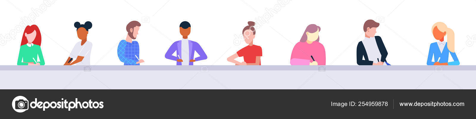 Mix Race Students Sitting In Row At Table Desk Doing Exam Task