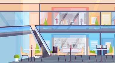 Modern perakende alışveriş merkezi giyim butik mağazası ve kafeterya ile boş yok insanlar süpermarket iç yatay düz