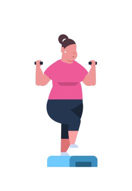 Halter yapıyor tutan şişman kilolu kadın adım platform obez gurl eğitim spor salonunda egzersiz kilo kaybı kavramı düz beyaz arka plan dikey ağız kavgası