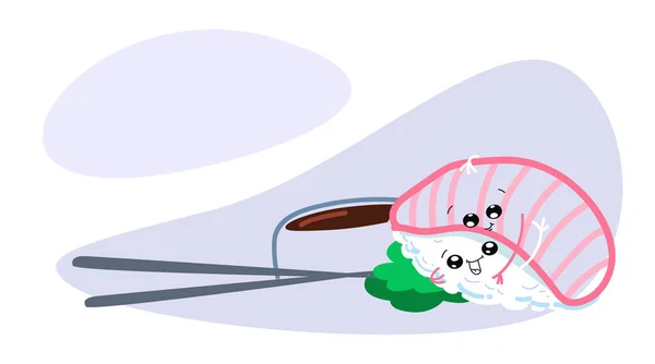 Суши с сырой рыбой со смешным улыбающимся лицом, обнимающие рис, подаваемый с соевым соусом васаби и палочками для еды традиционная японская кухня концепция эскиз кавайи горизонтальный — стоковый вектор