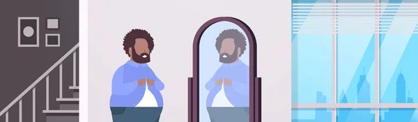 Θλιβερή υπέρβαροι άνθρωπος ψάχνει ο ίδιος αντανάκλαση στον καθρέφτη Αφρικανικός Αμερικανός πάνω μέγεθος τύπος κουμπώματος πουκάμισο ανθυγιεινό τρόπο ζωής η παχυσαρκία έννοια μοντέρνο διαμέρισμα εσωτερική επίπεδη πορτρέτο οριζόντια — Διανυσματικό Αρχείο