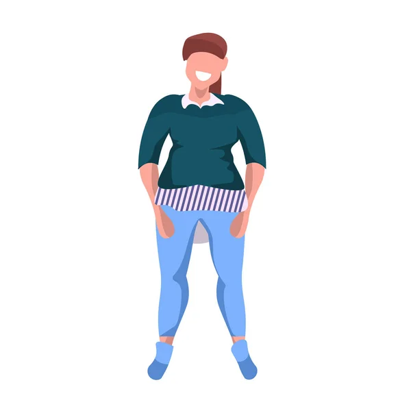 Graisse obèse femme debout pose souriant surpoids occasionnel fille obésité concept femelle dessin animé personnage pleine longueur plat fond blanc — Image vectorielle