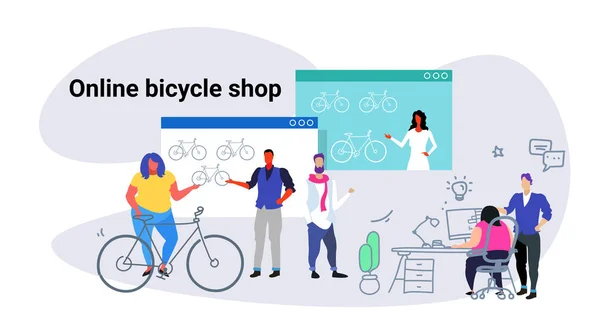Люди, делающие интернет магазин велосипедов концепция веб-магазин мужчины женщины выбирают новый велосипед с помощью компьютерного приложения электронной коммерции эскиз каракули горизонтальной — стоковый вектор