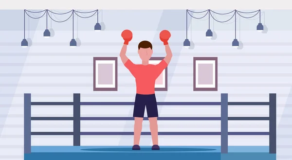 Sportif en gants rouges mains levées boxeur professionnel célébrant succès combat victoire concept boxe anneau arène intérieure horizontale pleine longueur — Image vectorielle