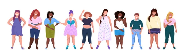Grasso obeso donne gruppo in piedi insieme mescolare gara sorridente sovrappeso casual ragazze obesità concetto femminile personaggi dei cartoni animati full length piatta bianco sfondo orizzontale — Vettoriale Stock