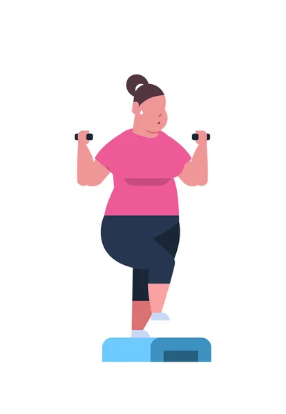 Fat overweight woman holding dumbbells doing squats on step platform obese girl training in gym workout weight loss concept flat white background vertical — Stock Vector