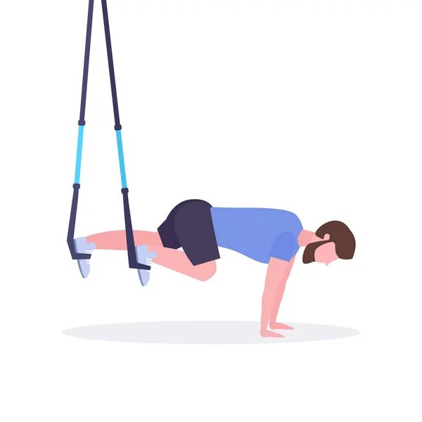 运动的男人做运动与悬挂健身带弹性绳家伙训练在健身房交叉健身有氧运动健康的生活方式概念平坦的白色背景全长 — 图库矢量图片