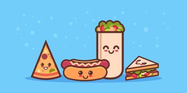 Set tatlı pizza gülümsemek gülümseyen karikatür komik klasik çizgi film mutlu sevimli yemek stil yatay yiyecek