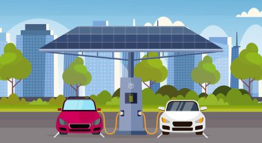 Modern Cityscape arka plan elektrikli otomobil elektrik şarj istasyonu enerji çevre dostu çevre bakım