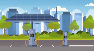 Modern Cityscape arka planda boş elektrik şarj istasyonu kavramı bakım çevre manzara yenilenebilir ulaşım yatay