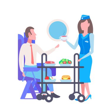 Uçuş hostes servis içecekler ve uçak erkek yolcu seyahat modern düzlem iç tam uzunlukta oturma rahat koltuk