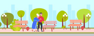 Cityscape arka plan büyük Büyükanne genç gri kadın illüstrasyon kentsel kavram karikatür kavramı şehir çocuk destek