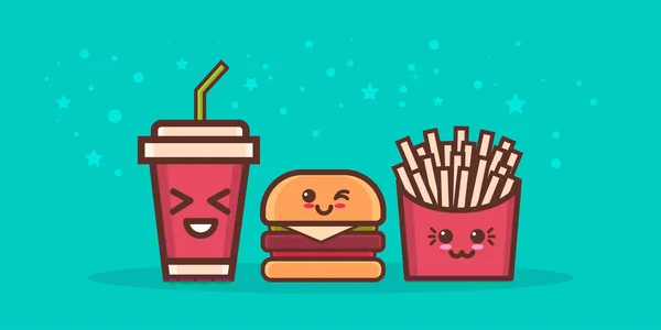 Cute Hamburger aardappel gratis en soda Fast Food set cartoon komische personages met lachende gezichten smakelijke klassieke Amerikaanse fastfood Happy Emoji kawaii stijl horizontale — Stockvector