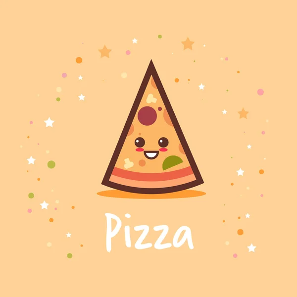 Söt varm pizza slice tecknad serie figur med leende ansikte välsmakande Fastfood lycklig Emoji kawaii stil klassiska snabbmat koncept — Stock vektor