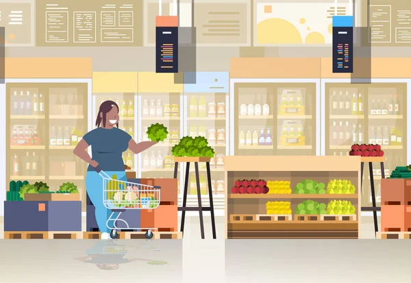 ショッピングトロリーカートを持つ脂肪の肥満女性は、野菜や果物の減量のコンセプトを選択太り過ぎのアフリカ系アメリカ人の女の子スーパーマーケットの顧客の食料品店の内部横の全長 — ストックベクタ
